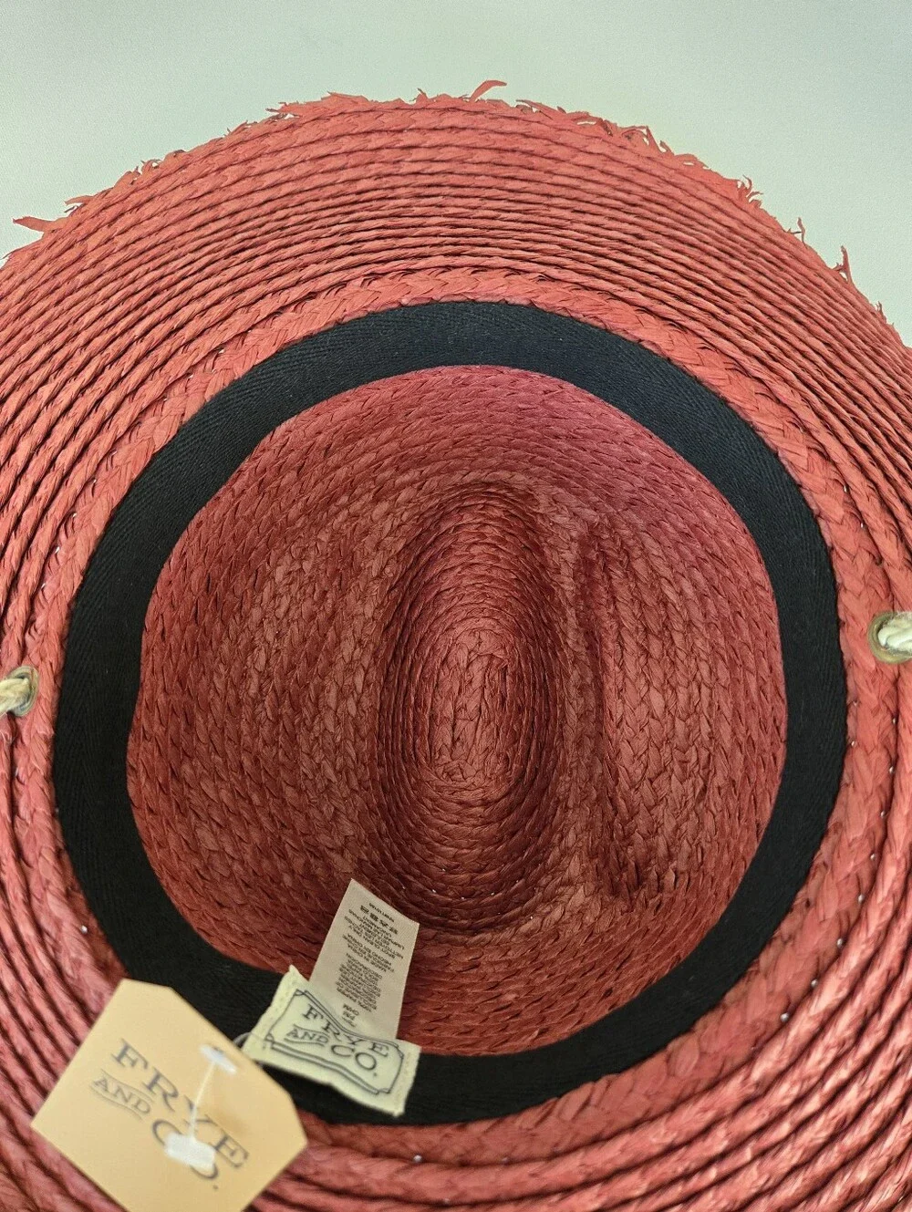 Frye Rust Red Paper Straw Sun Hat Raw Fringe Edge Wide Brim Cowboy Fedora Boho